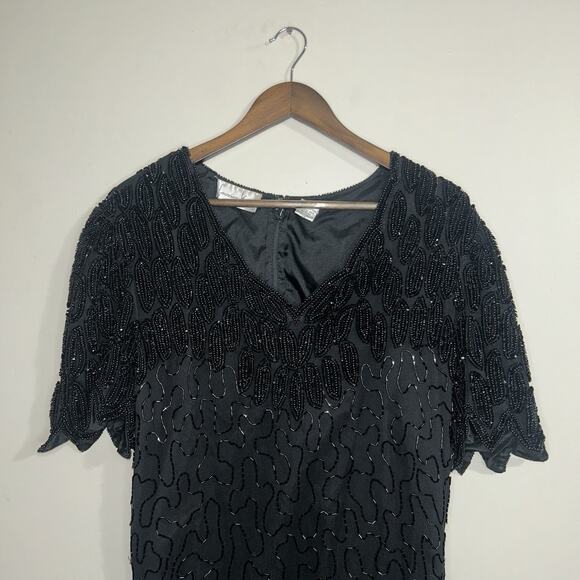 Vintage Laurence Kazar Silk Dress 2XL Black Beaded Sequin Elegant Formal Holiday - Picture 2 of 16